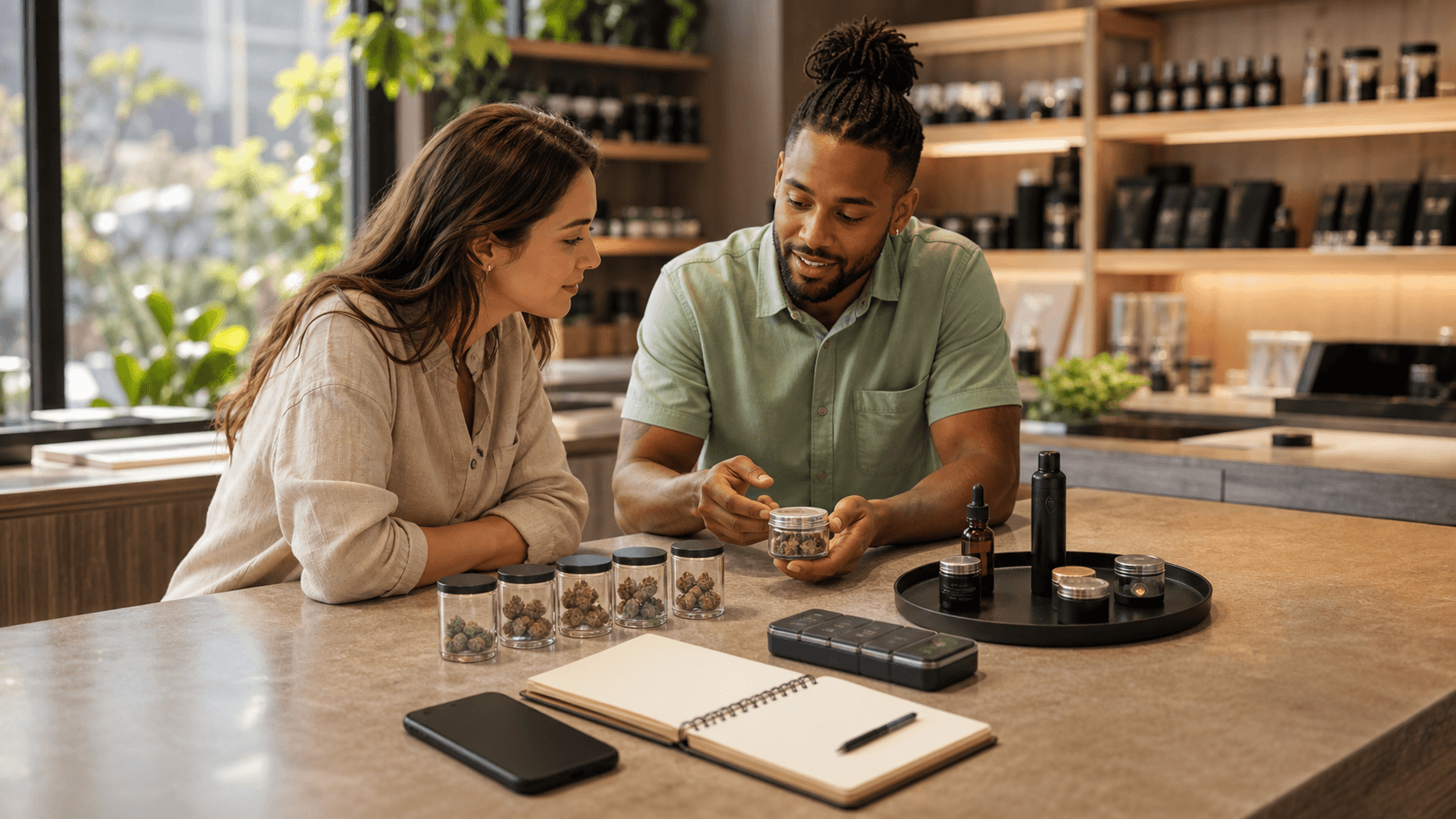 Green cannabis leaf beside a clipboard checklist and small jars on a bright white background with soft shadows