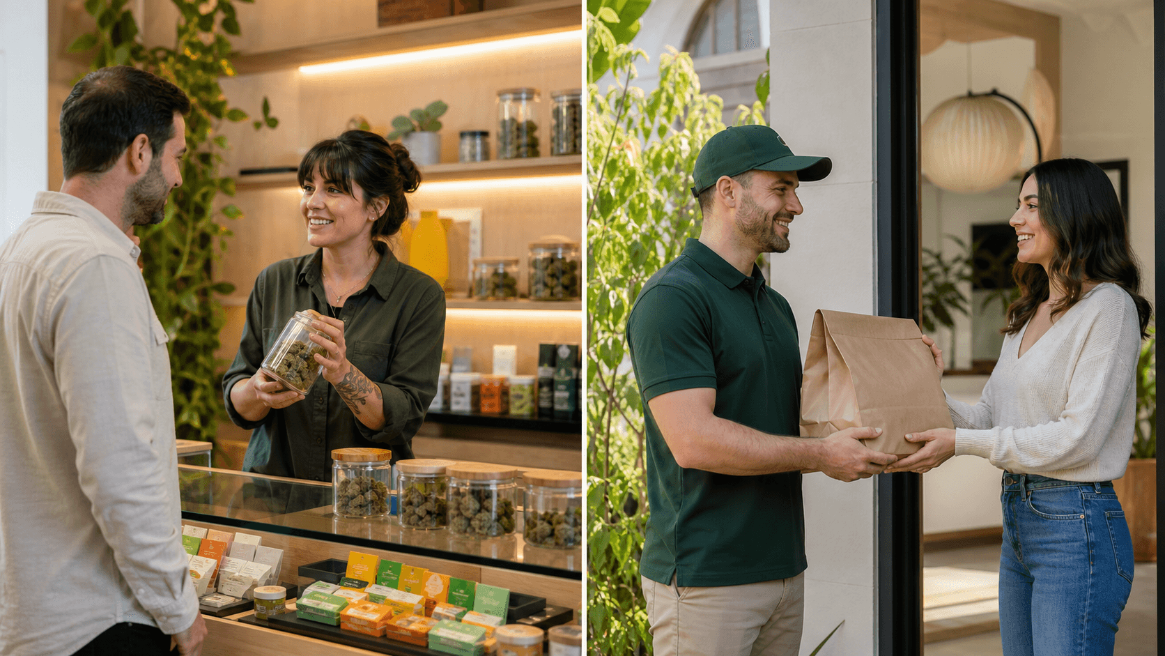 Split scene of a bright cannabis shop counter and a delivery box with green leaves on a purple background.