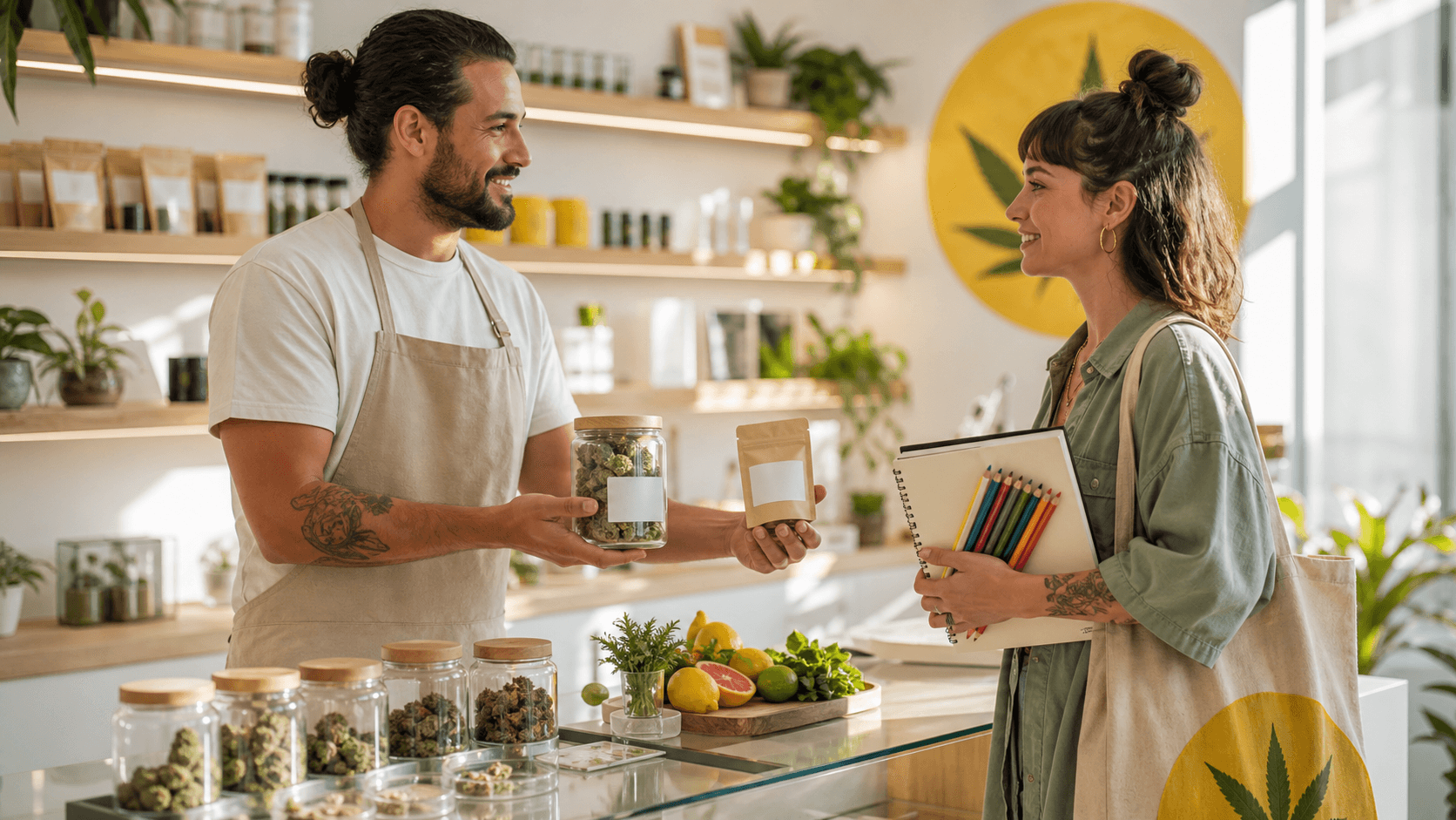 Sunlit cannabis dispensary interior with green leaf signage, glass display cases, and a customer browsing products.