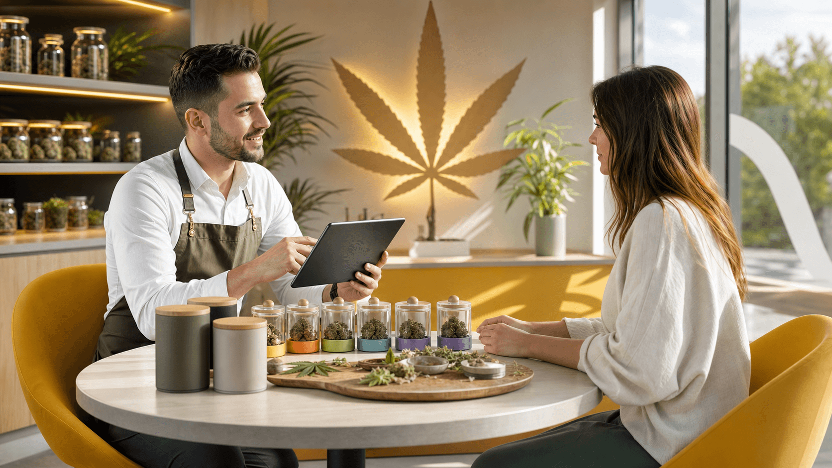 Warm-lit illustration of a budtender behind a counter consulting a customer, jars and a clipboard in view.