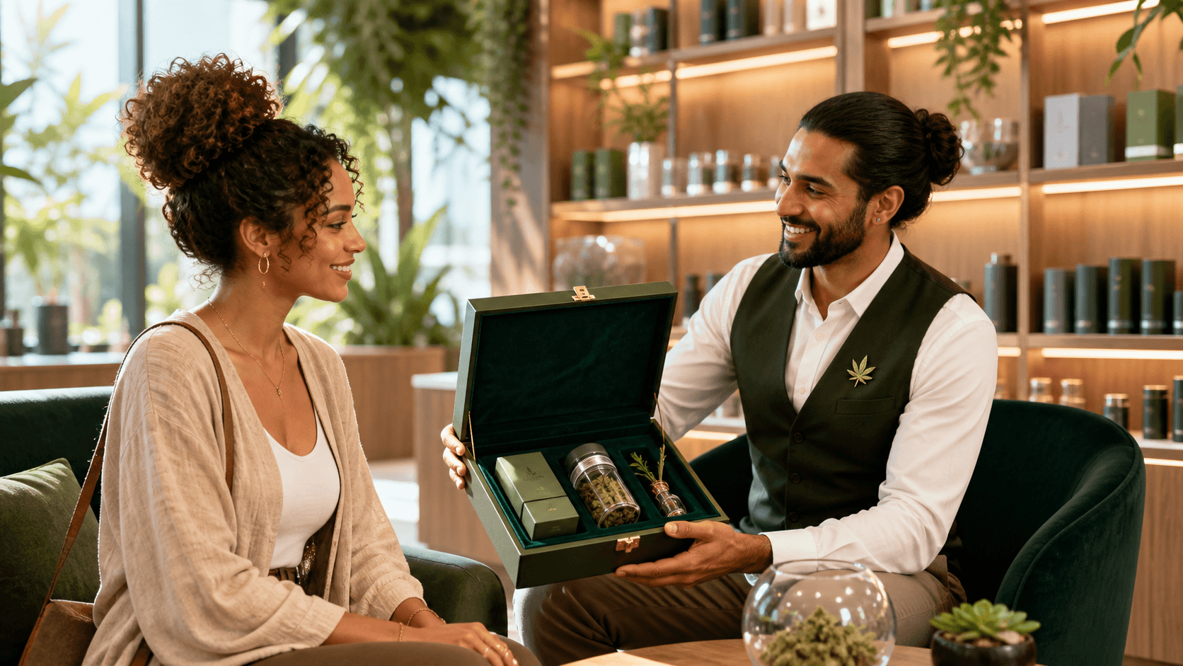 Elegant cannabis leaf emblem glowing gold above dark green loyalty cards on a sleek black background.