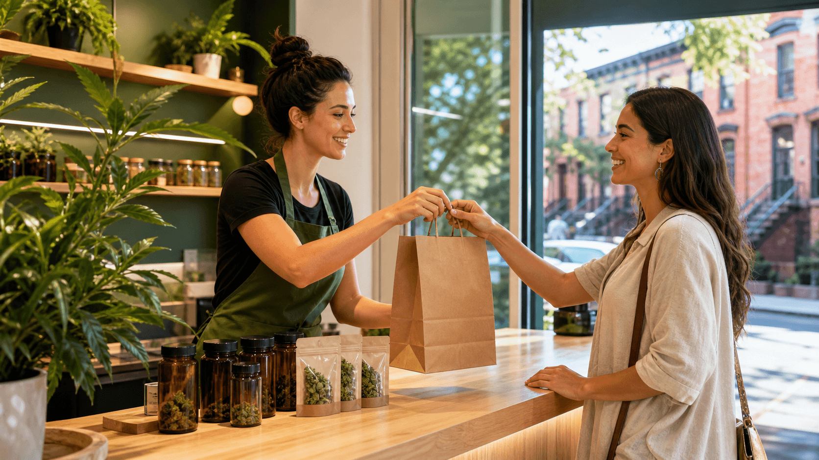 Sunlit cannabis leaves and glass jars arranged on a wooden counter against a soft green backdrop.