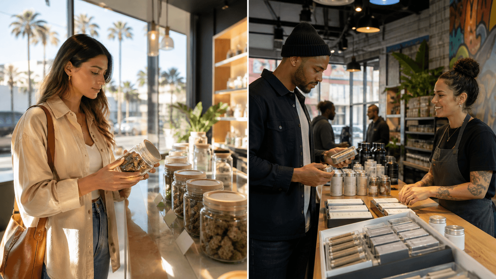 Split-screen infographic comparing Los Angeles and Queens shoppers with colorful category icons and shopping carts.