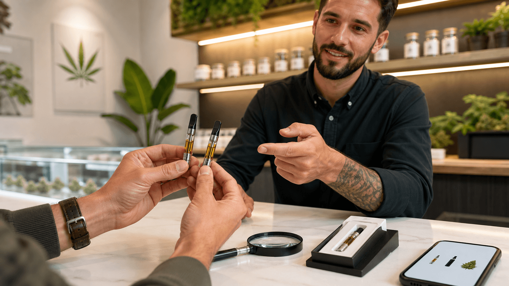 Cannabis vape cartridges and a smartphone on a dark surface with green neon lighting.