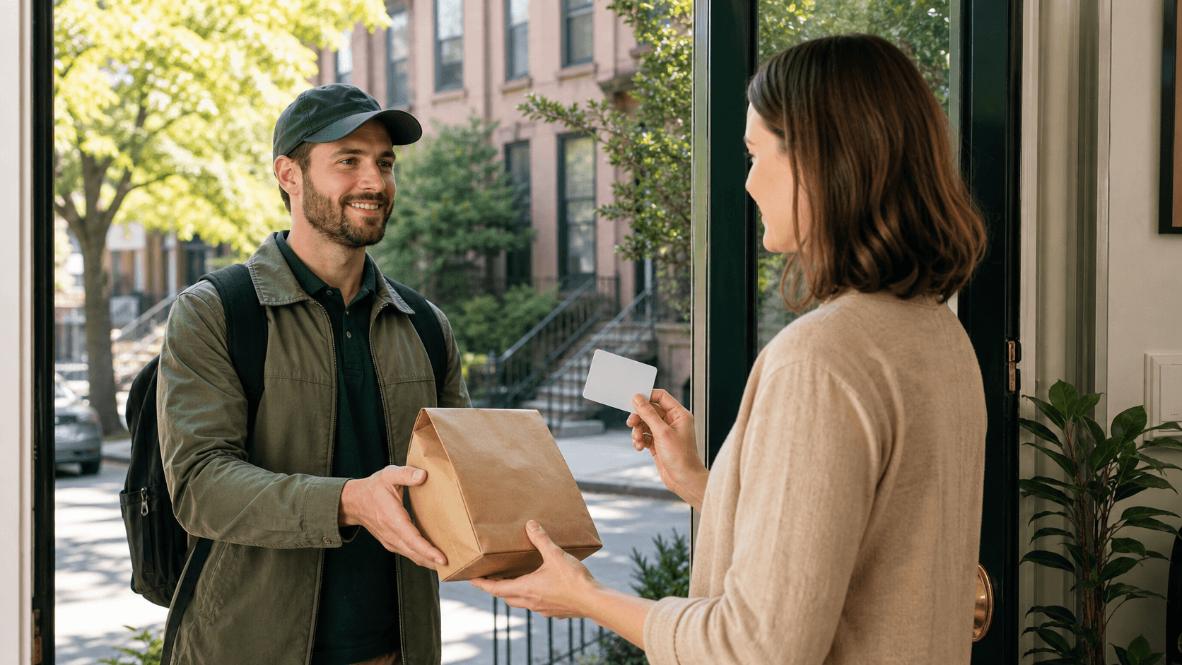 Delivery rider hands a small green package to a customer at a Queens apartment door.