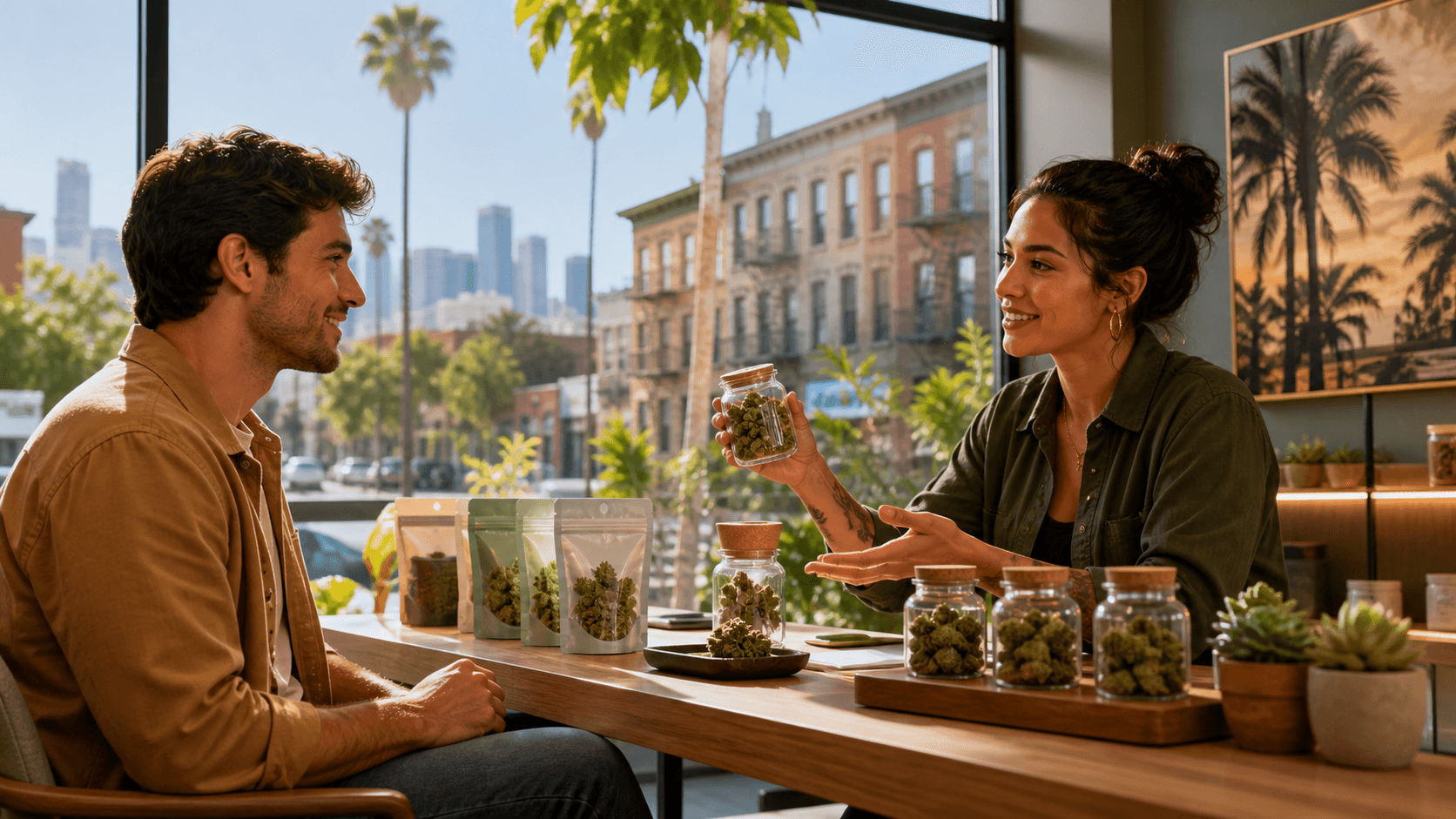 Split city map with cannabis leaf icons, question marks, and glowing storefront pins in purple and green tones.