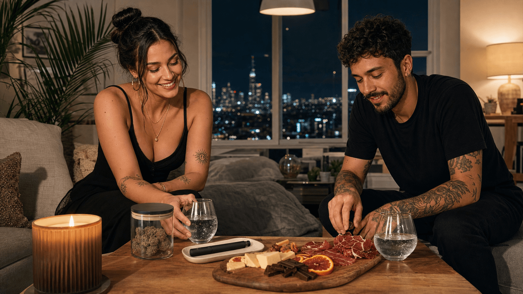 Cozy nighttime still life with cannabis buds, wine and snacks on a table, lit by warm lamplight and city glow.