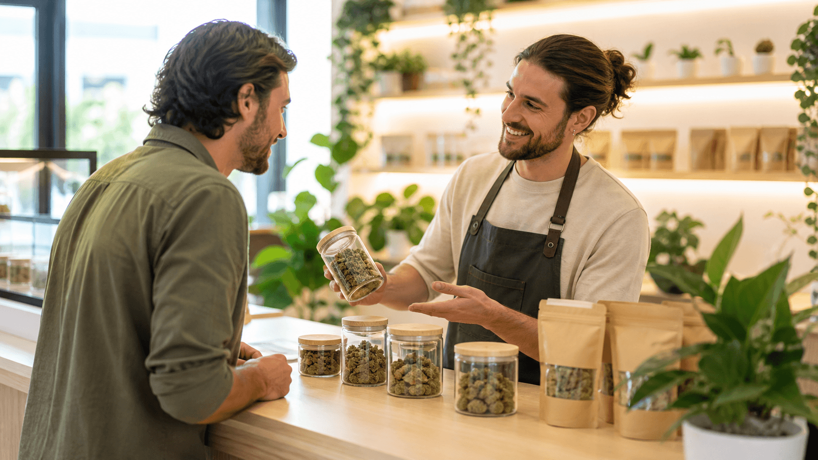 Colorful cannabis dispensary counter with price tags, product jars, and warm modern lighting.