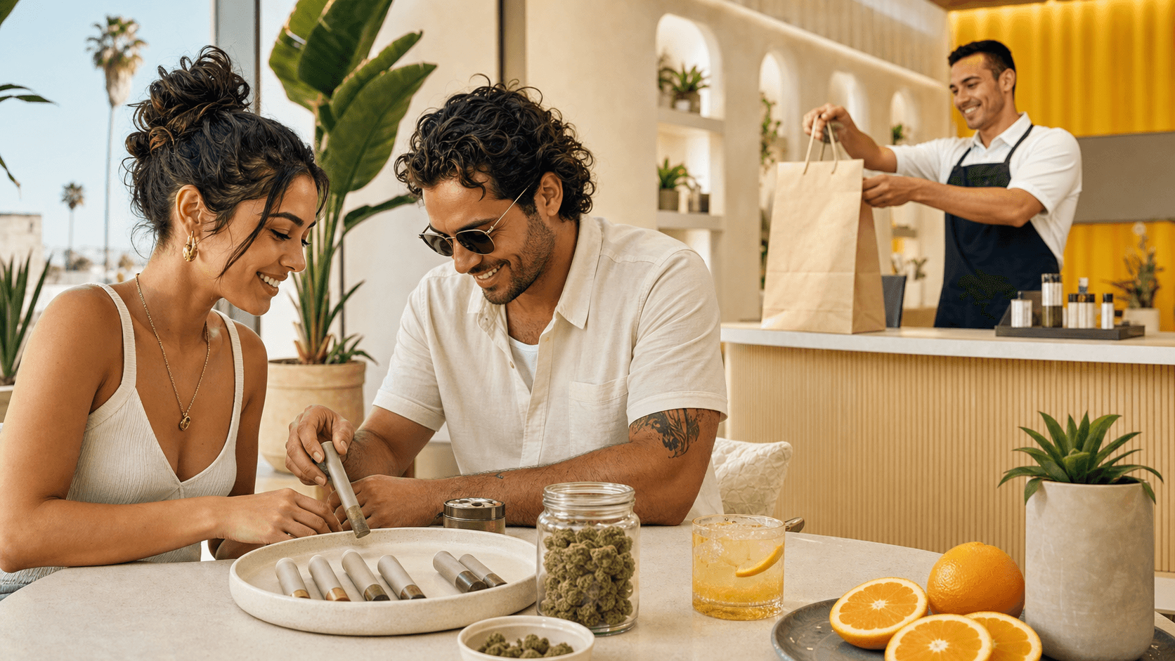 Sunlit flat lay of green cannabis buds, rolling papers, and citrus on a warm yellow background.