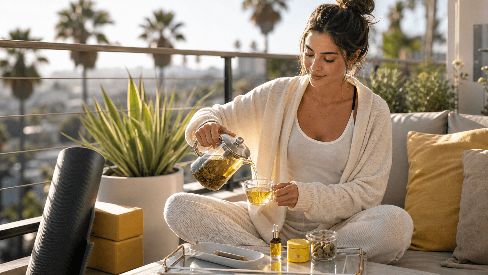 Sunlit minimalist living room with a cannabis joint, glass bong, and greenery on a coffee table beside a cityscape window.