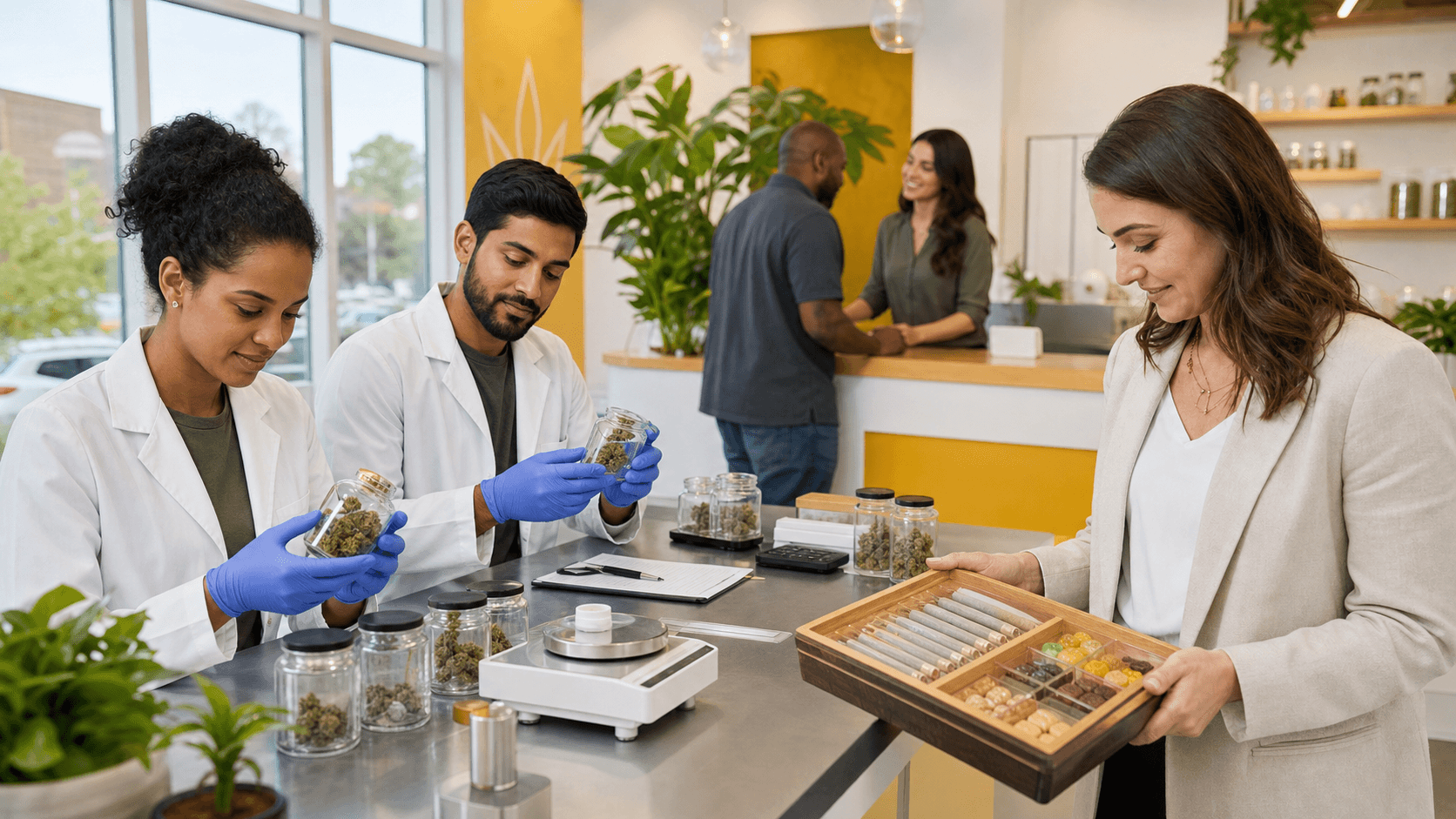 Bright, modern dispensary counter with glass jars, leafy decor, and a chalkboard menu under warm lighting.